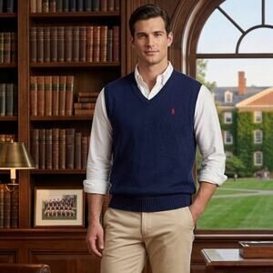 Vtg Polo Ralph Lauren Navy Linen Knit Sweater Vest V-Neck Mens Large Preppy EUC